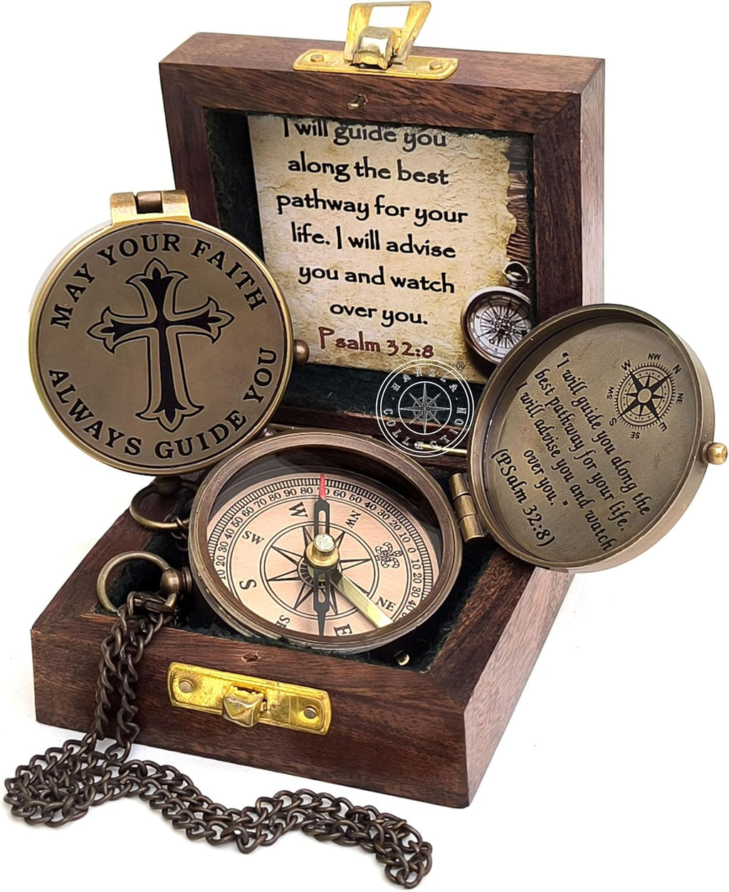May Your Faith Always Guide You Pslam 32:8 Engraved Compass, Pocket Gift for Hiking, Religious Brass Compass with Wooden Box, Navigational Outdoor Compass Great Gift Item for Your Loved Ones