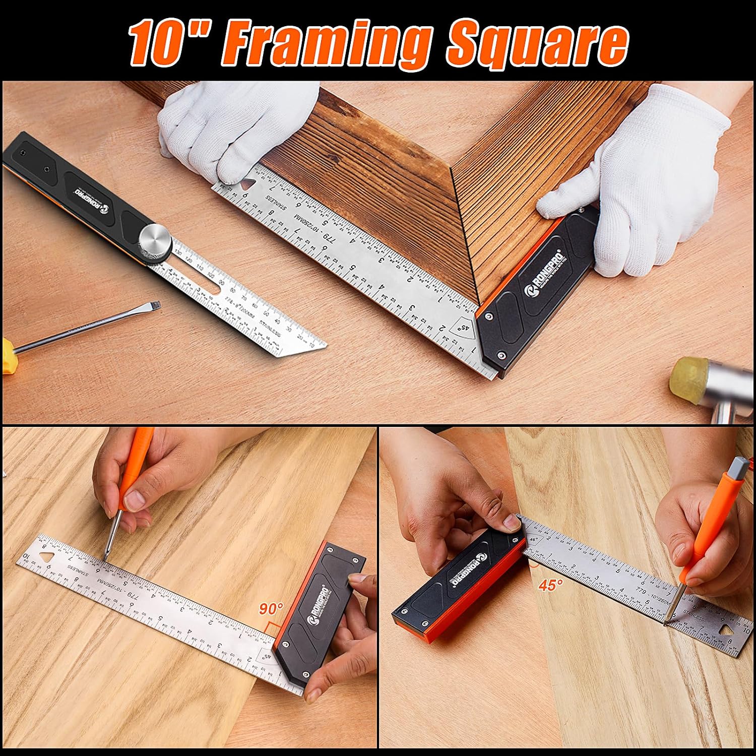 4Pcs Woodworking Tools -7''Aluminum Rafter Square,12''Adjustable Protractor Angle Finder,10'Woodworking Square Ruler and T-Bevel Gauge-1/16 Precision…