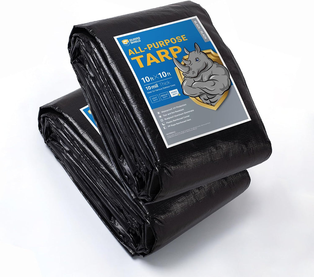 GUARD SHIELD Tarps Heavy Duty Waterproof 10x10 Feet Black Poly Tarp Cover Square Outdoor Thick UV Resistant Tarpaulin with Grommets 10mil (2-Pack)