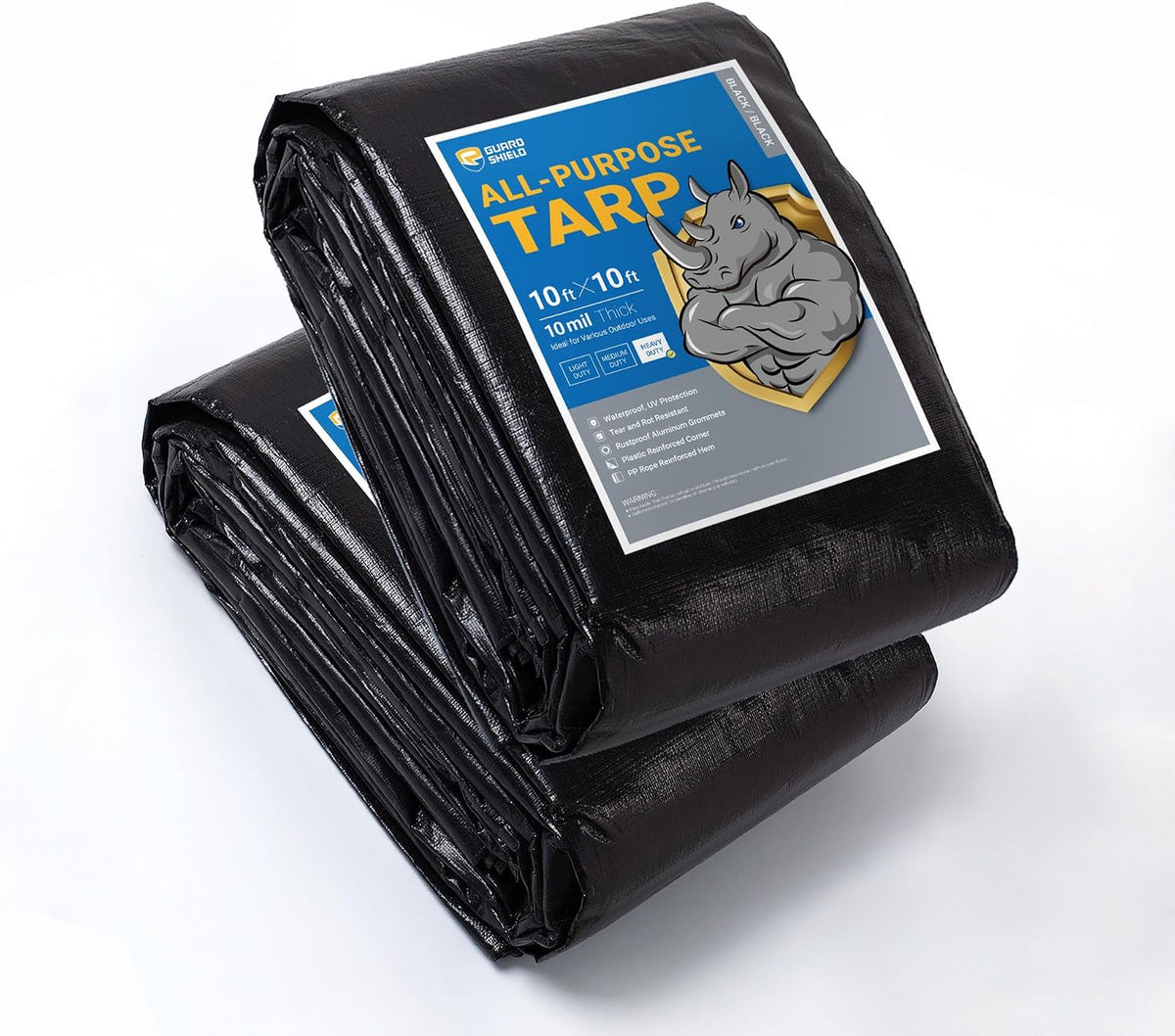 GUARD SHIELD Tarps Heavy Duty Waterproof 10x10 Feet Black Poly Tarp Cover Square Outdoor Thick UV Resistant Tarpaulin with Grommets 10mil (2-Pack)