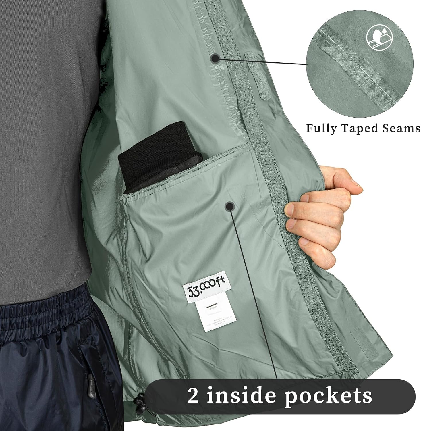 33,000ft Men's Packable Rain Jacket Lightweight Waterproof Golf Raincoat