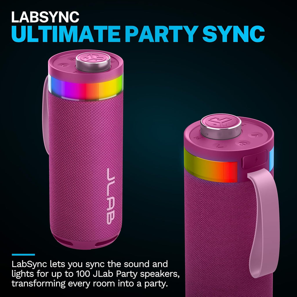 JLab, Go Party, Portable Bluetooth Speaker, Waterproof, RGB Lighting, LabSync, Mulberry