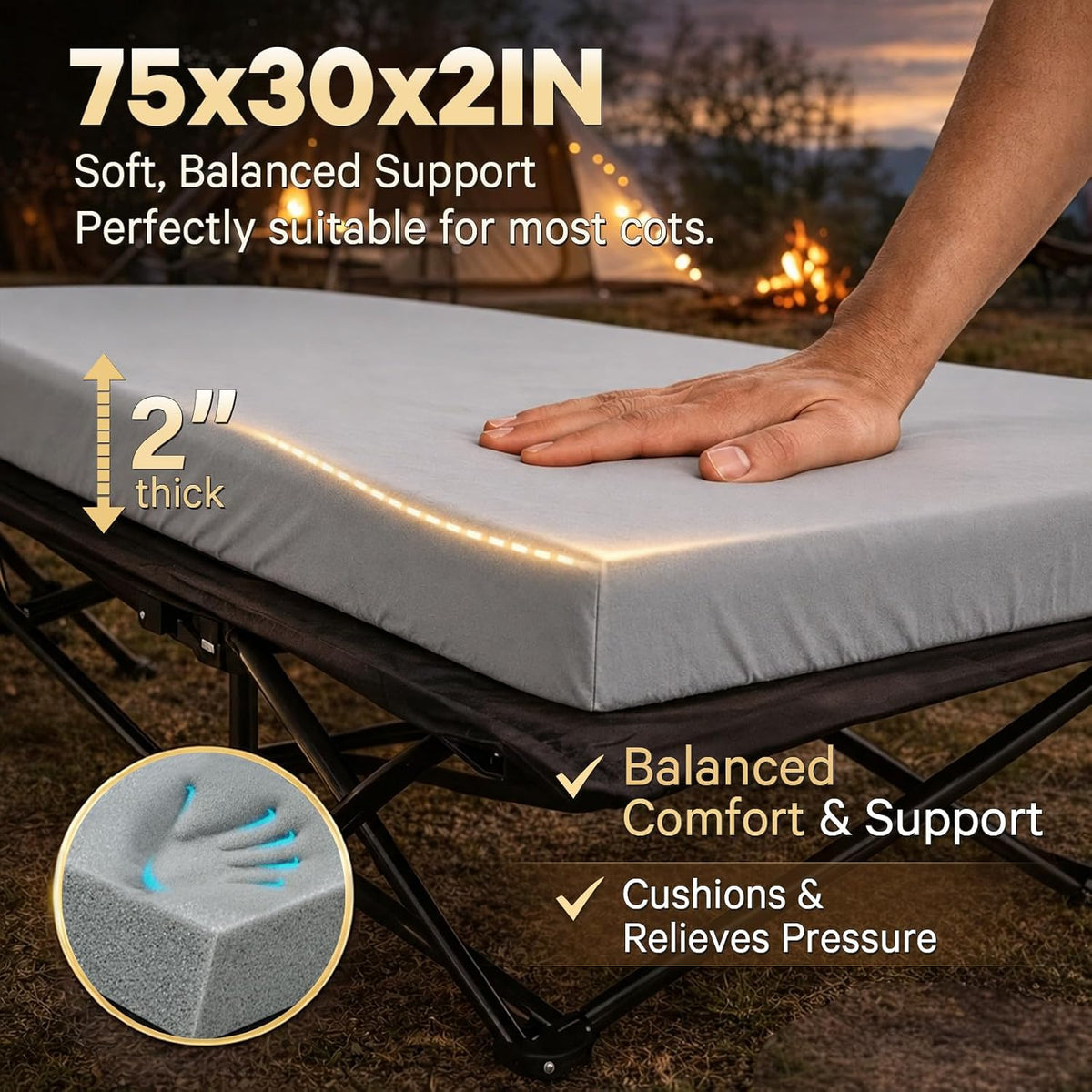 CYMULA Camping Cot Pad 2 Inch Memory Foam, Pad Only,Camping Pad for Folding Cot and Foldable Cot, Portable Roll Up Camp Gear for Car Camping Travel Tent, Non-Slip Waterproof Bottom, Removable Cover
