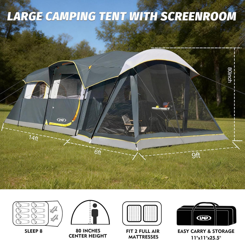 UNP Camping Tent 8 Person Waterproof Big Tunnel Tent with Screen Porch