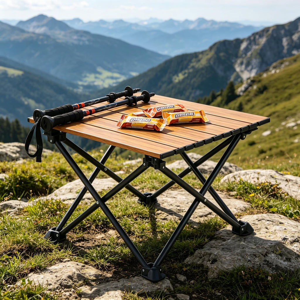 Wind Tour Roll-Up Camping Table, 4-Person Lightweight Portable Outdoor Table with Carry Bag for Picnics BBQ Travel (15.7”x13.7”x11”| Wood Grain)