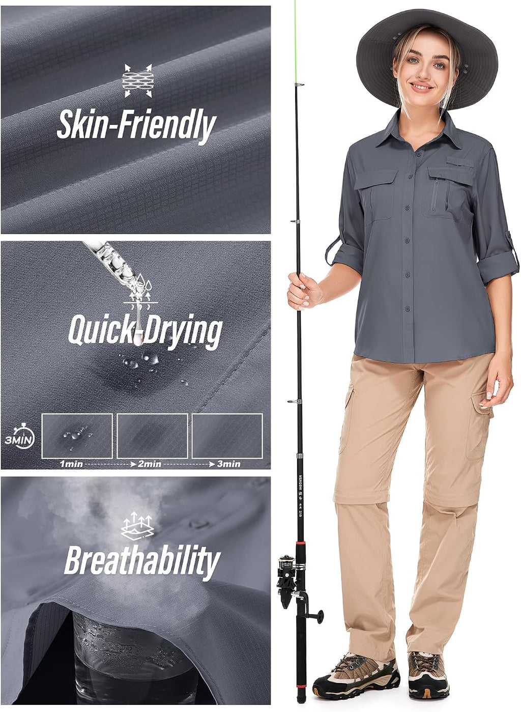 Women's UPF 50 Long Sleeve Sun Protection Safari Fish Hiking Shirts