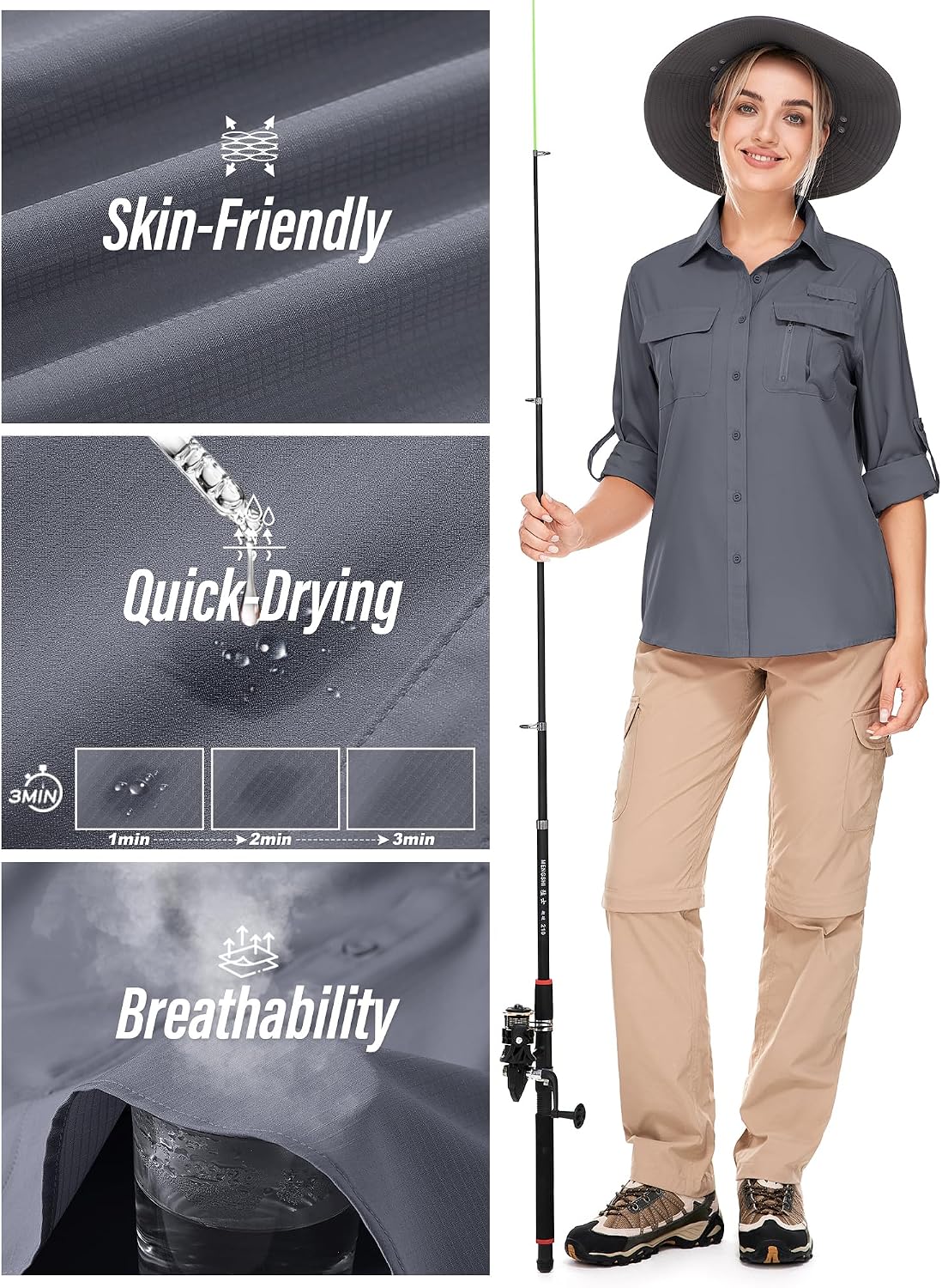 Women's UPF 50 Long Sleeve Sun Protection Safari Fish Hiking Shirts