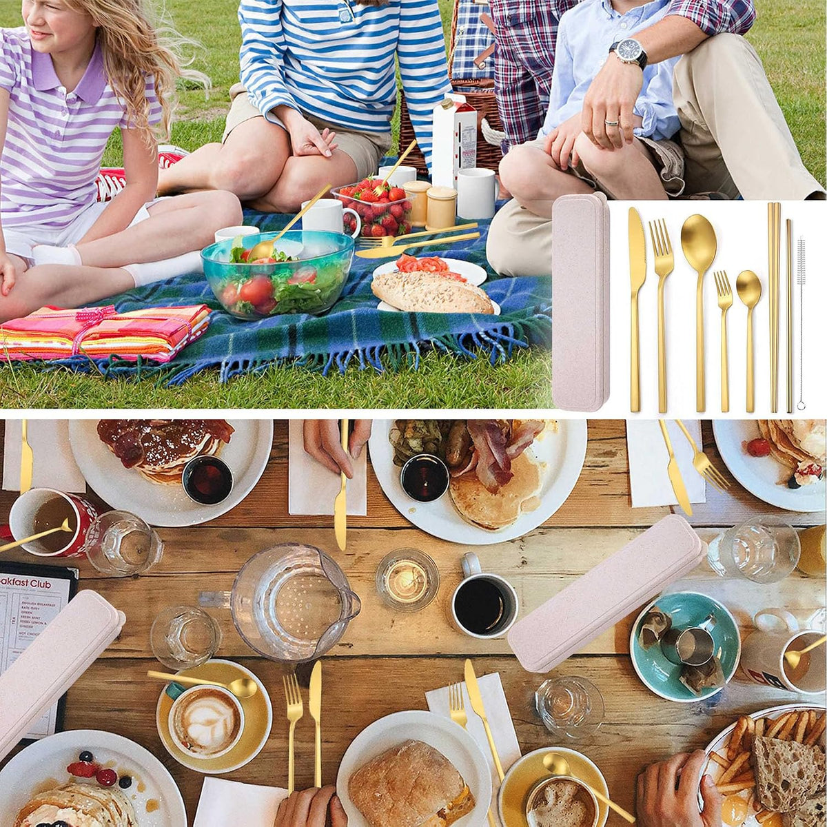 AARainbow 8 Pieces Stainless Steel Flatware Set Portable Reusable Cutlery Set Travel Utensils Set Including Chopsticks Knife Fork Spoon Straws Cleaning Brush Dishwasher Safe (B-Golden)