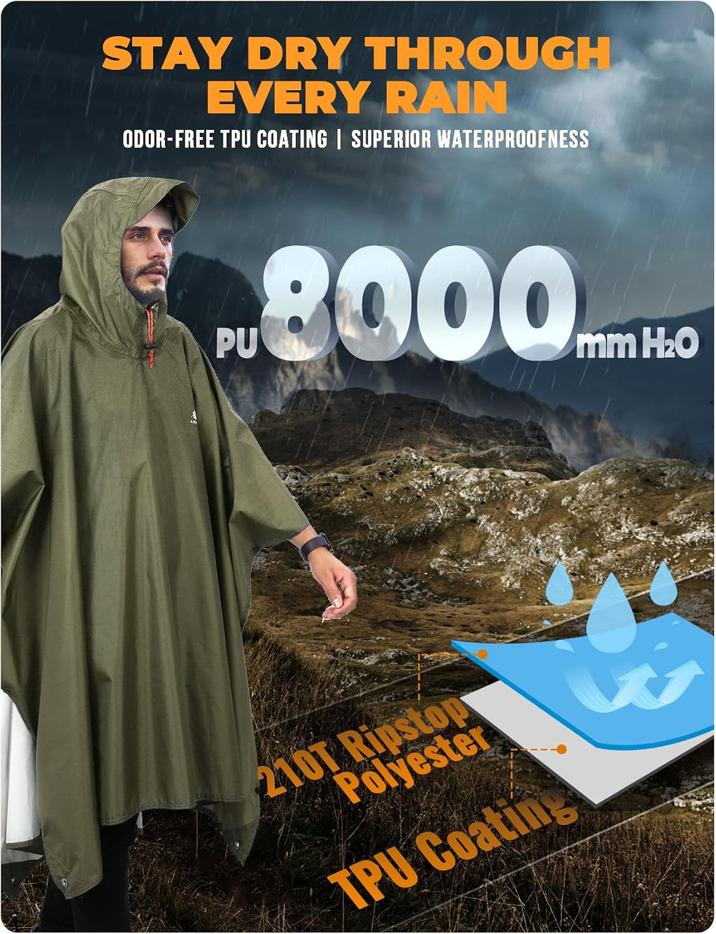 ANYOO Hooded Rain Poncho for Adult Waterproof Lightweight Raincoat