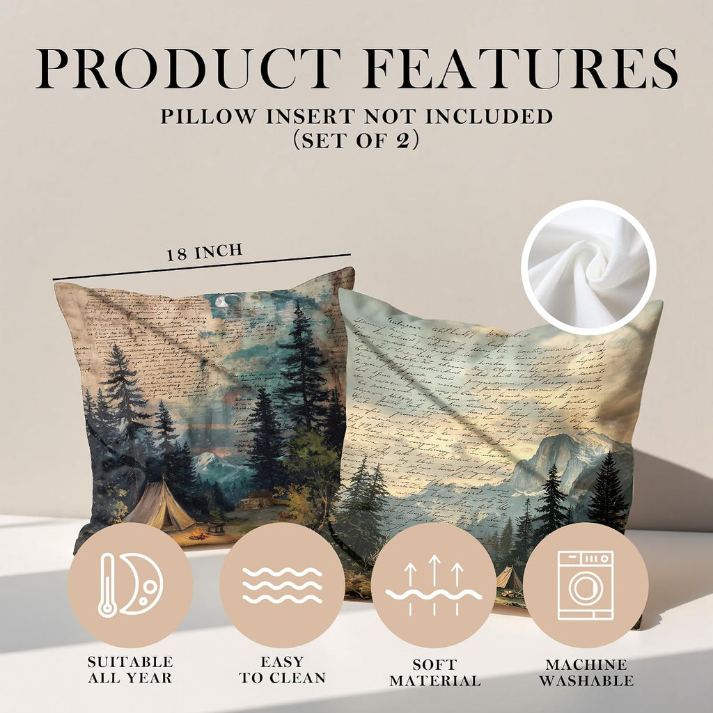 Vintage Camping Forest Throw Pillow Covers 18x18 Set of 2,Camper Gifts for Women Men,Camping Decor Decorations,Vintage Outdoor Adventure Southern Girl Camper Decor Decorations,RV Pillowcase
