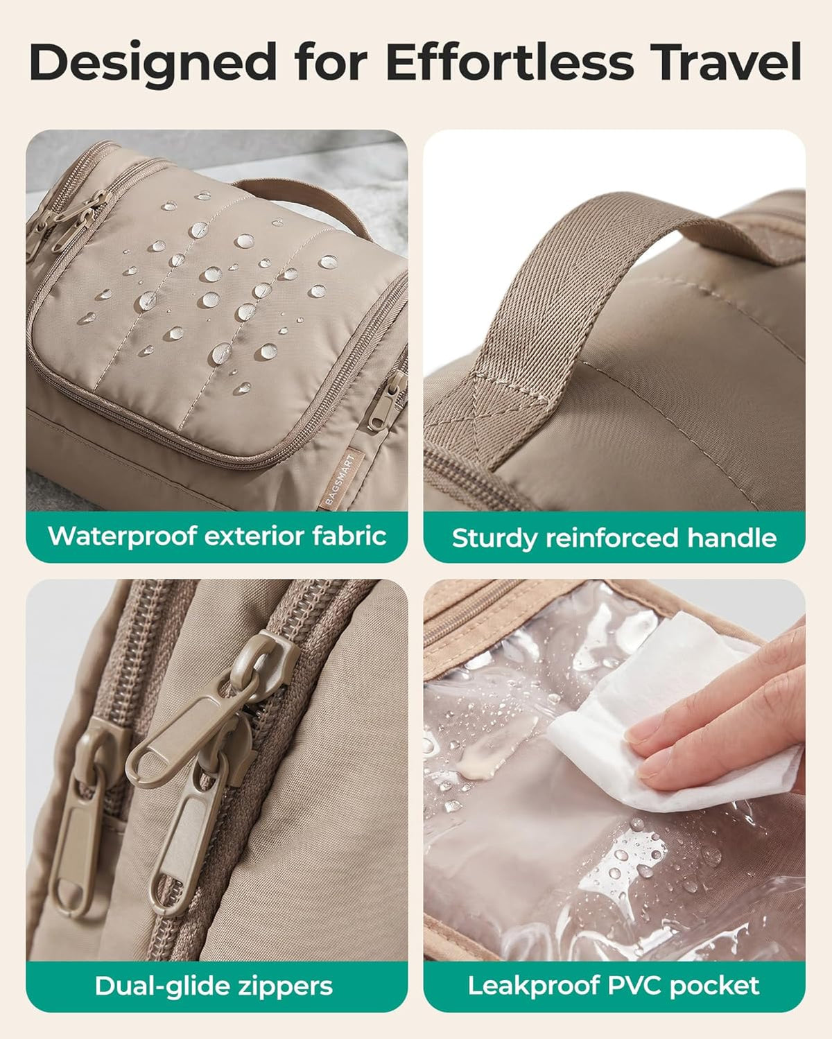 BAGSMART Travel Toiletry Bag for Women, Puffy Hanging Toiletry Bag with Hook, Water-resistant Toiletry Organizer for Full Sized Toiletries (Coffee Brown)