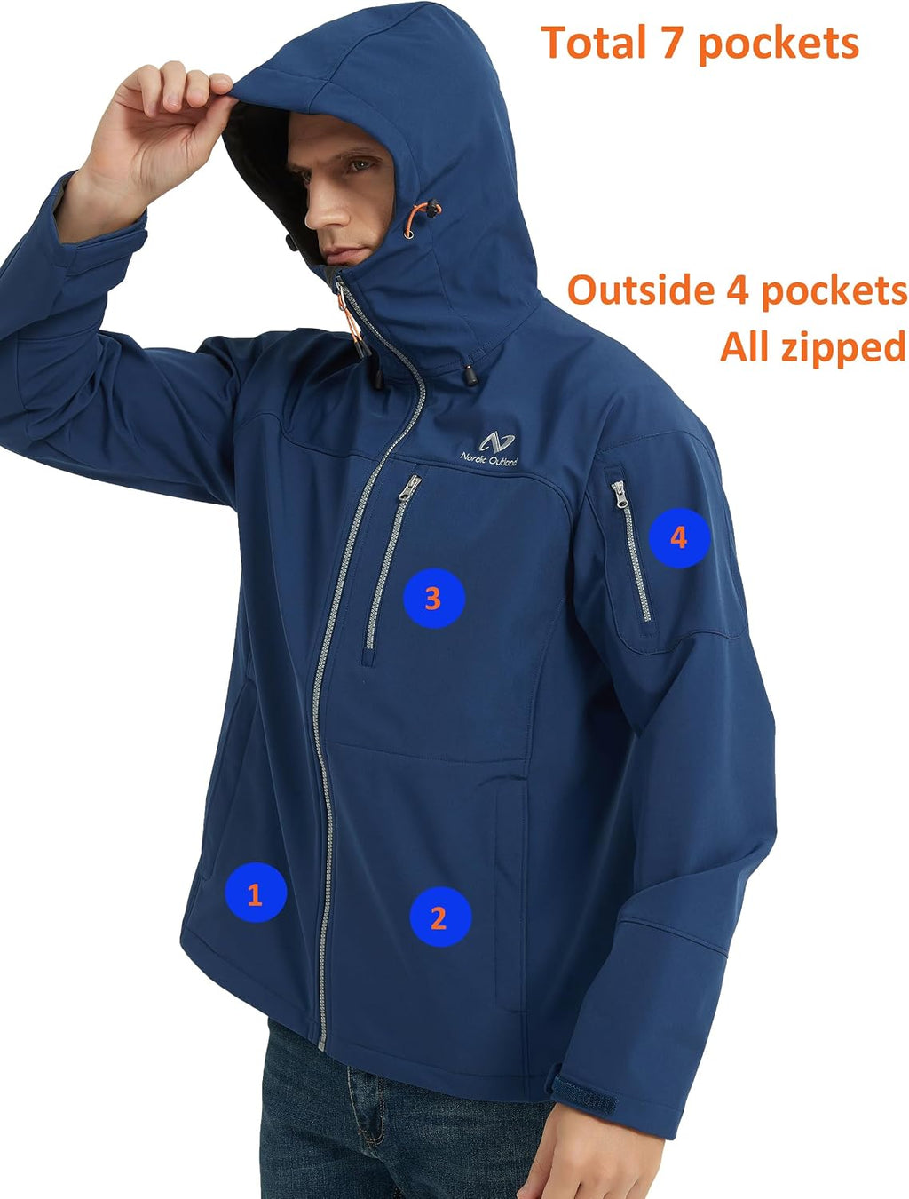NORDIC OUTLAND Men's Waterproof Softshell Rain Jacket, Hooded Windbreaker 7 Pockets, Lightweight Shell for Outdoor Activities