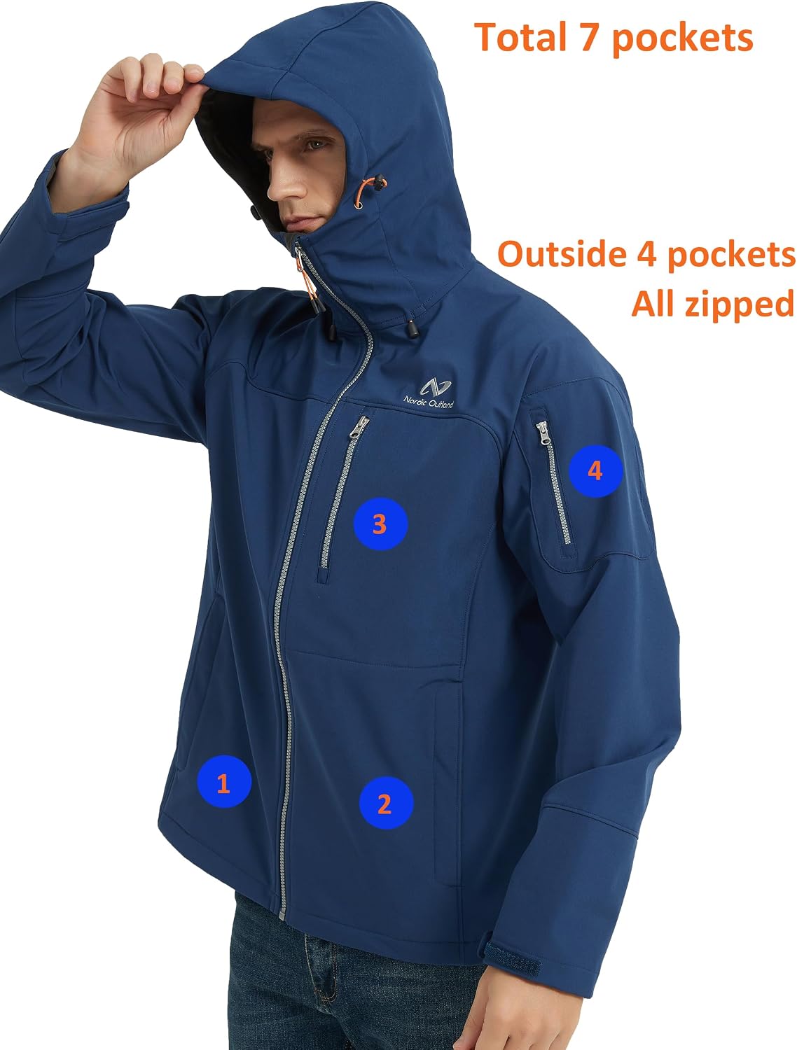 NORDIC OUTLAND Men's Waterproof Softshell Rain Jacket, Hooded Windbreaker 7 Pockets, Lightweight Shell for Outdoor Activities
