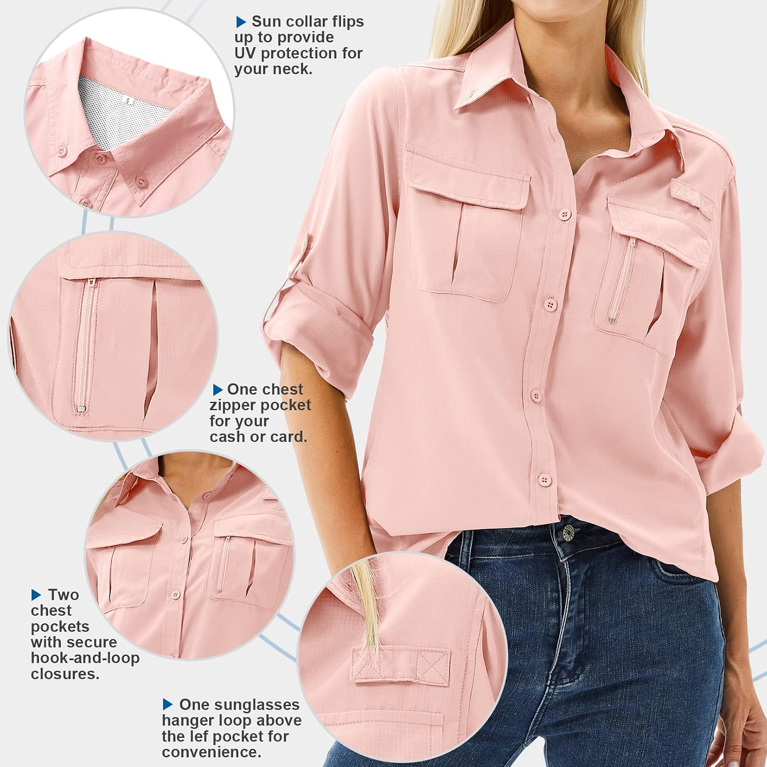Women's UPF 50 Long Sleeve Sun Protection Safari Fish Hiking Shirts