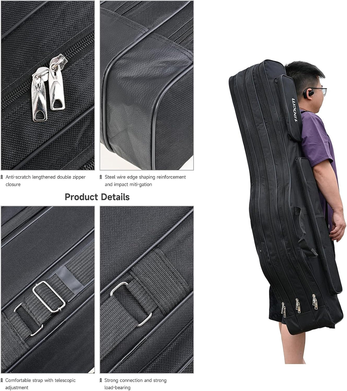 3 Layers Fishing Pole Bag,Portable 3 Layers Oxford Folding Rod Carry Case,Fishing Reel Tackle Storage Bag Case