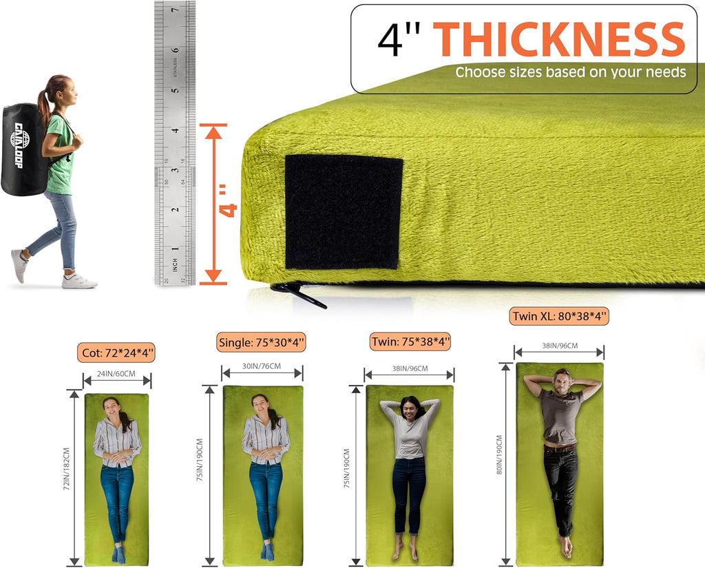 Memory Foam Camping Mattress, Extra Thick 4 Inch Dual Layer Sleeping Pad