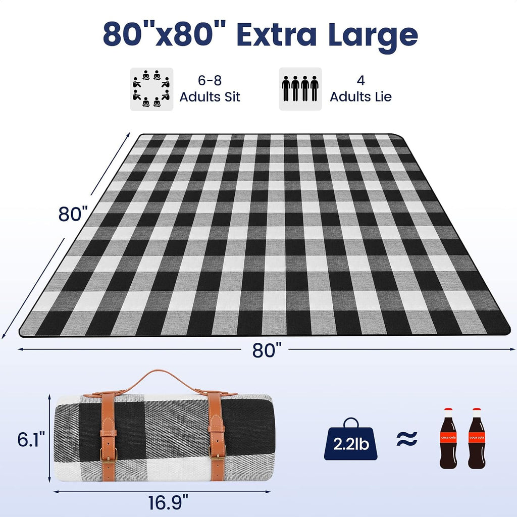 sapsisel 80”x 80” Picnic Blanket Extra Large, Waterproof and Foldable Beach Blanket, 3-Layer Outdoor Blanket for 6 to 8 Adults, for Camping, Park, Beach, Grass, Indoors…