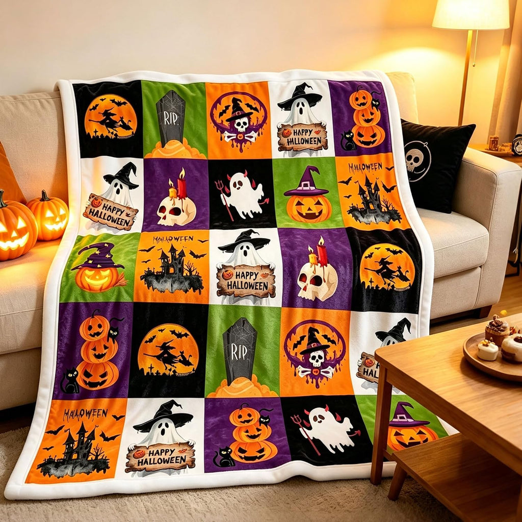 Halloween Throw Blanket 50"x60", Soft Cozy Plaid Blanket with Pumpkin Ghost Witch, Lightweight Flannel Fleece Throw for Couch Bed, Spooky Home Decor, Gift for Halloween Lovers