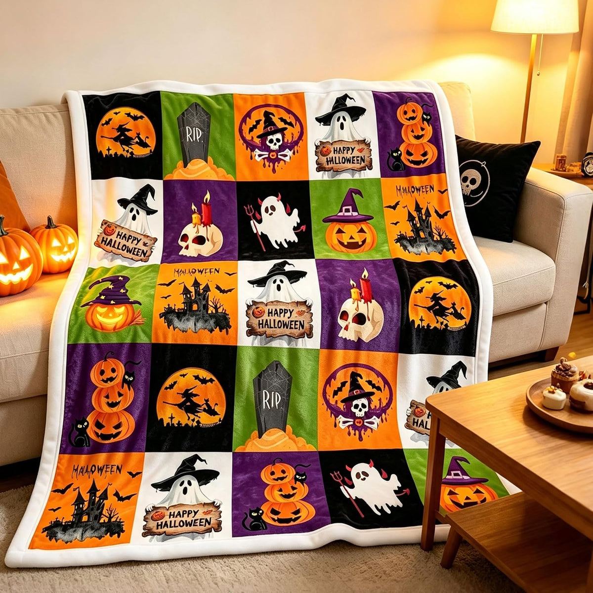 Halloween Throw Blanket 50"x60", Soft Cozy Plaid Blanket with Pumpkin Ghost Witch, Lightweight Flannel Fleece Throw for Couch Bed, Spooky Home Decor, Gift for Halloween Lovers