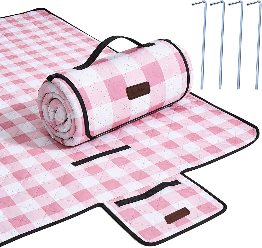 HX&OD Outdoor Picnic Blanket, Extra Large, 80''x60'' Waterproof Foldable Blankets Gingham Picnic Mat for Beach, Camping Grass Lawn Park Accessories Cute Couple Ideas Wedding (Pink, 80”x60”)