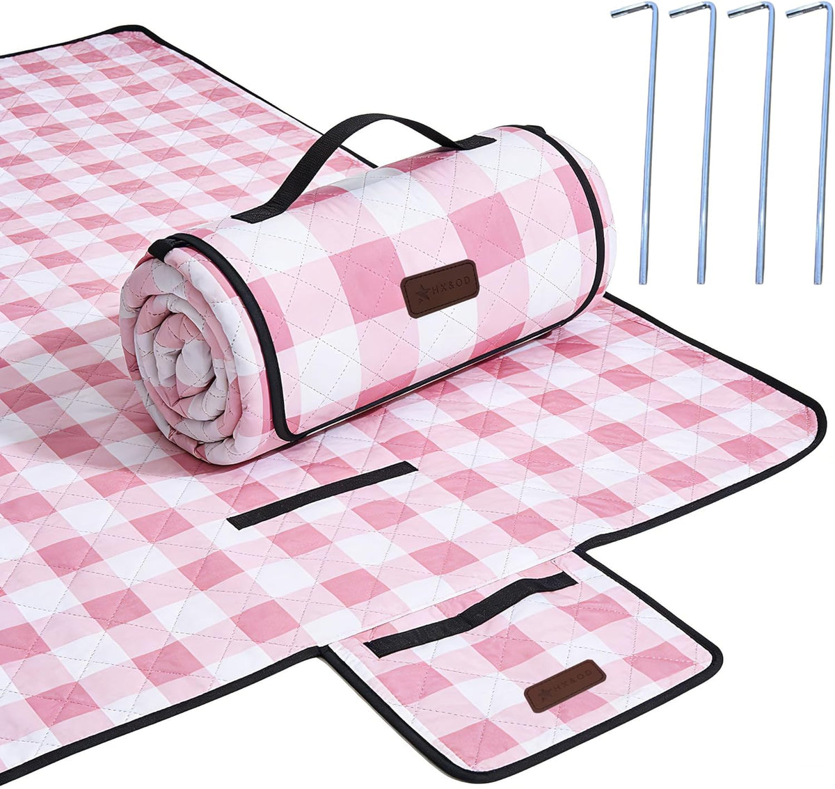 HX&OD Outdoor Picnic Blanket, Extra Large, 80''x60'' Waterproof Foldable Blankets Gingham Picnic Mat for Beach, Camping Grass Lawn Park Accessories Cute Couple Ideas Wedding (Pink, 80”x60”)