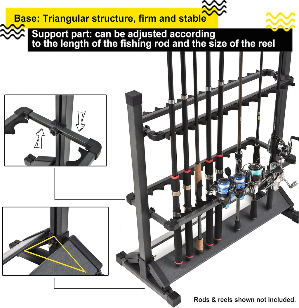24-Rod Aluminum Fishing Rod/Pole Holder, Rustproof Fishing Rod Rack with 360° Lockable Wheels, Multi-Functional Storage Organizer for Garage & Home, Fits Most Rods & Golf Clubs (Black)