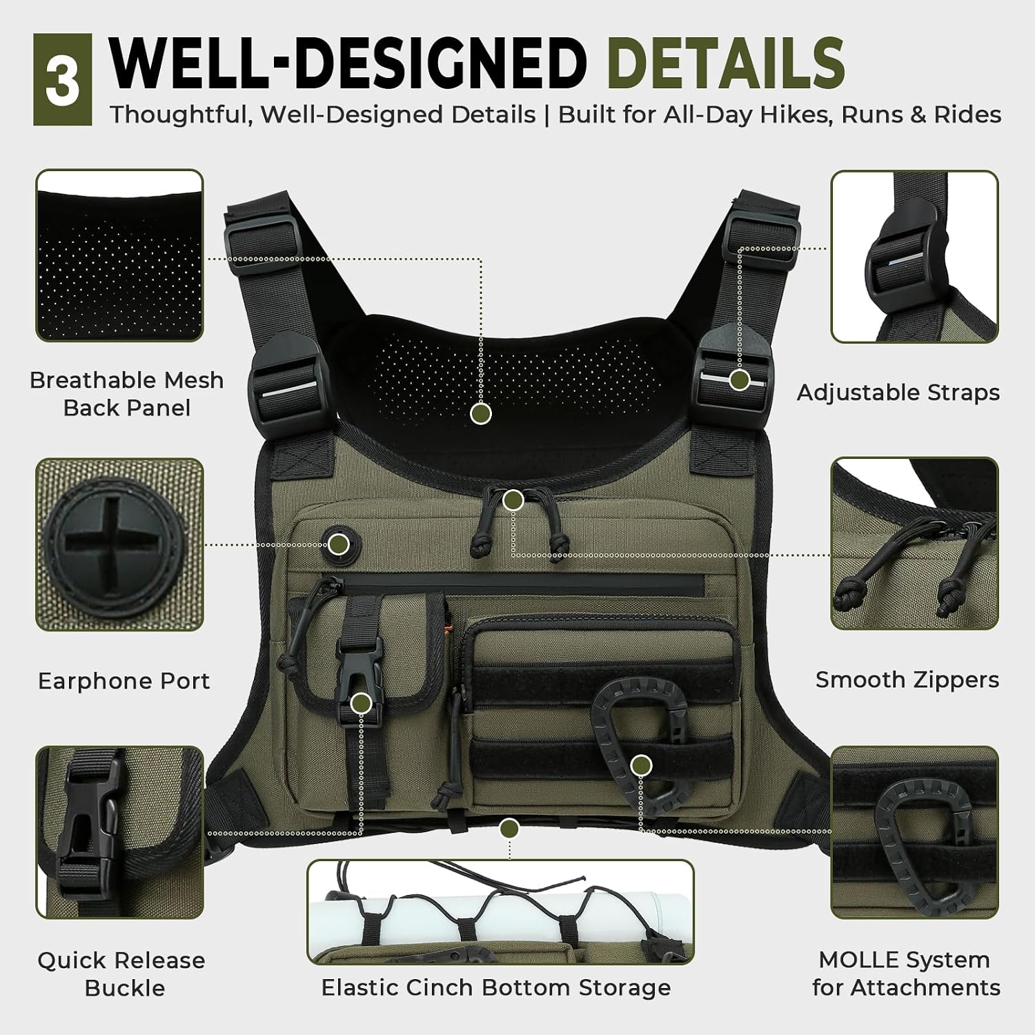 Muserise Outdoor Chest Bag For Men and Women, Tactical Vest For Running, Cycling, EDC Chest Pack Rig For Sports and Workouts