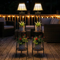 2 Pack Solar Floor Lamps Outdoor with 2-Tier Plant Stand, Metal Tall Planter Holder with Waterproof LED Lantern, Decorative Patio Light & Flower Pot Display Rack for Garden, Deck, Porch, Balcony