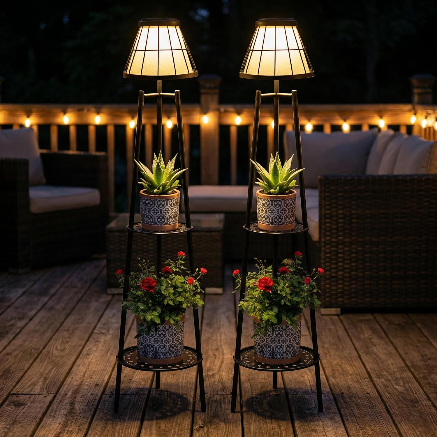 2 Pack Solar Floor Lamps Outdoor with 2-Tier Plant Stand, Metal Tall Planter Holder with Waterproof LED Lantern, Decorative Patio Light & Flower Pot Display Rack for Garden, Deck, Porch, Balcony