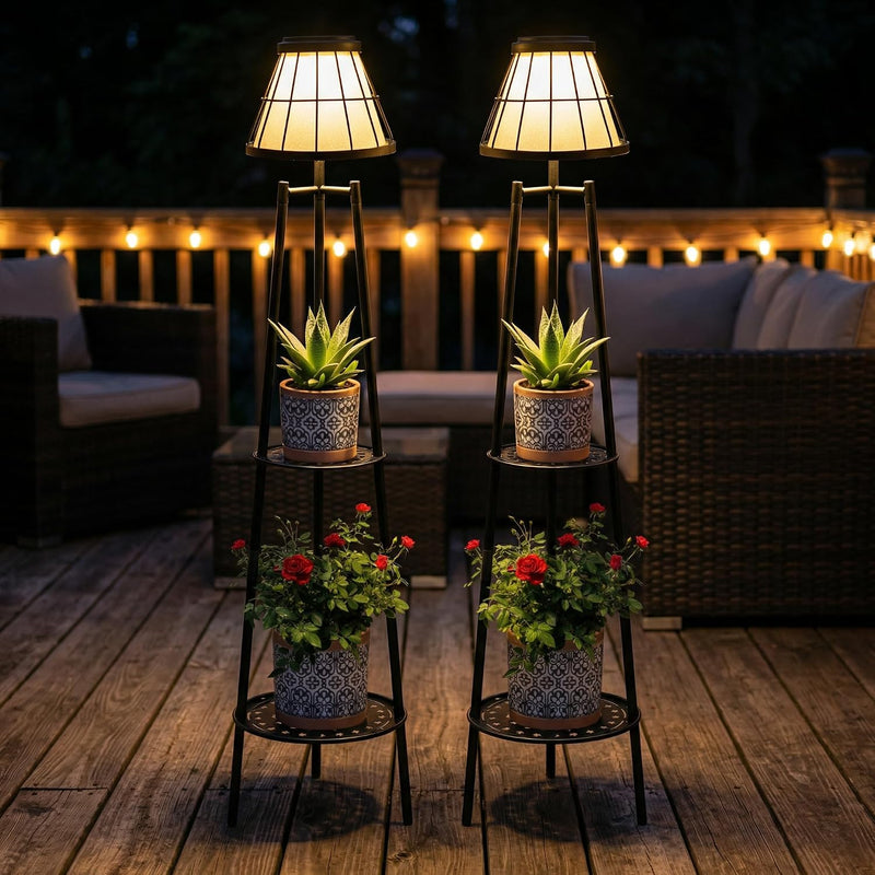 2 Pack Solar Floor Lamps Outdoor with 2-Tier Plant Stand, Metal Tall Planter Holder with Waterproof LED Lantern, Decorative Patio Light & Flower Pot Display Rack for Garden, Deck, Porch, Balcony