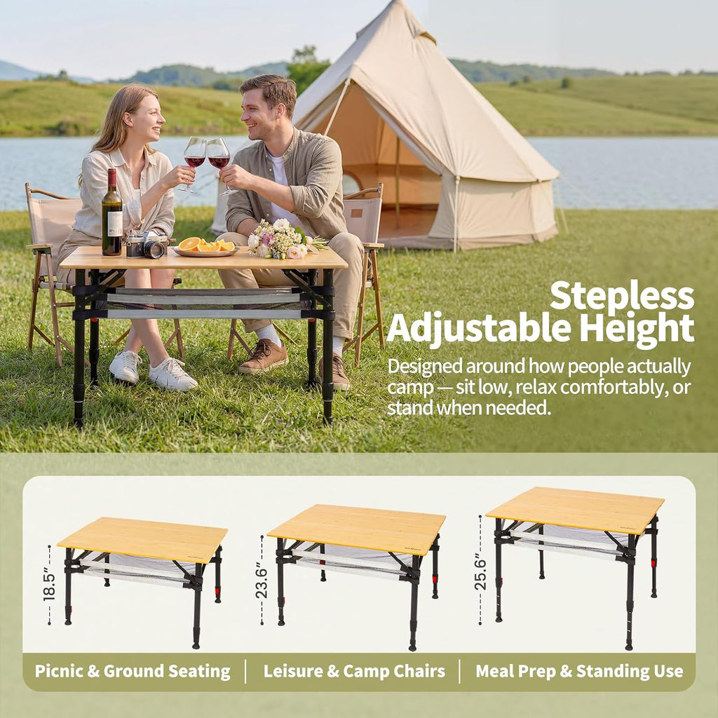 Join Nature Bamboo Folding Camping Table, Aluminum Adjustable Outdoor Table