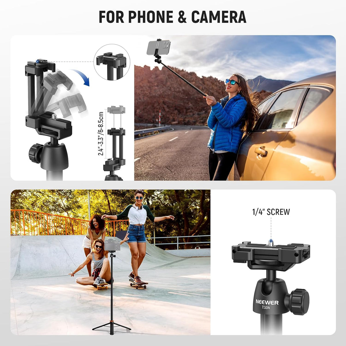 NEEWER Basics 59" Selfie Stick Tripod Compatible with iPhone Canon Sony
