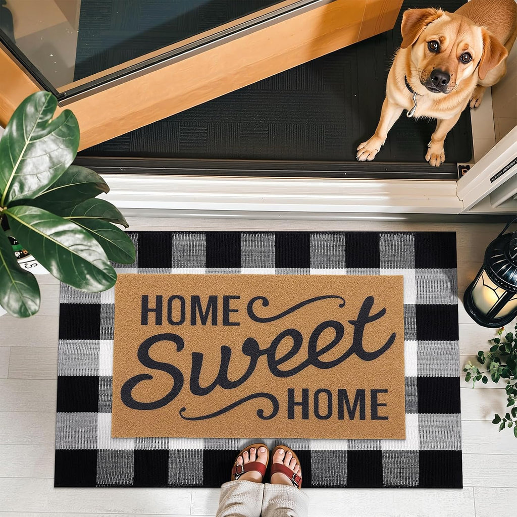 OLANLY Buffalo Plaid Rug 2'4" x 3'7" (27.5" x 43") – Black and White Cotton Checkered Doormat, Washable Indoor Outdoor Rug for Layered Front Porch, Kitchen, Entryway Decor