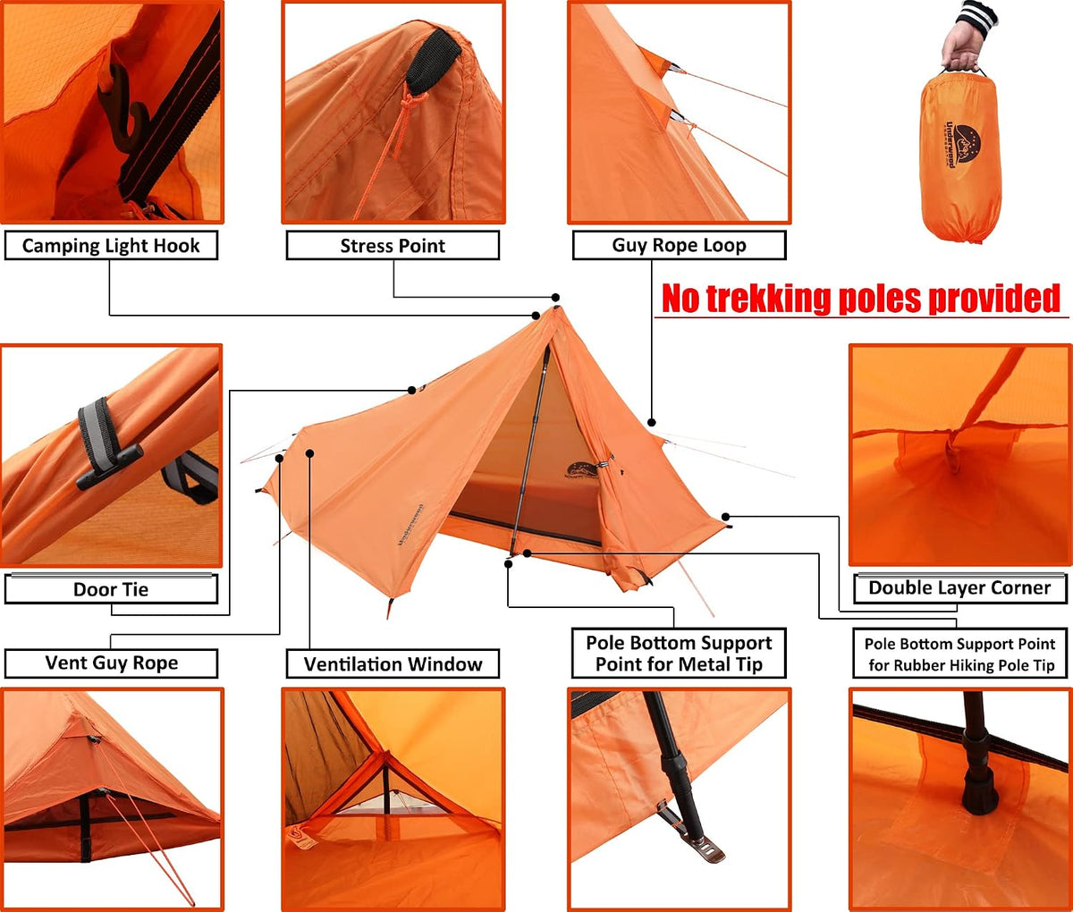 1 Person Trekking Pole Tent, Ultralight Backpacking Hiking Tent (NO Poles)