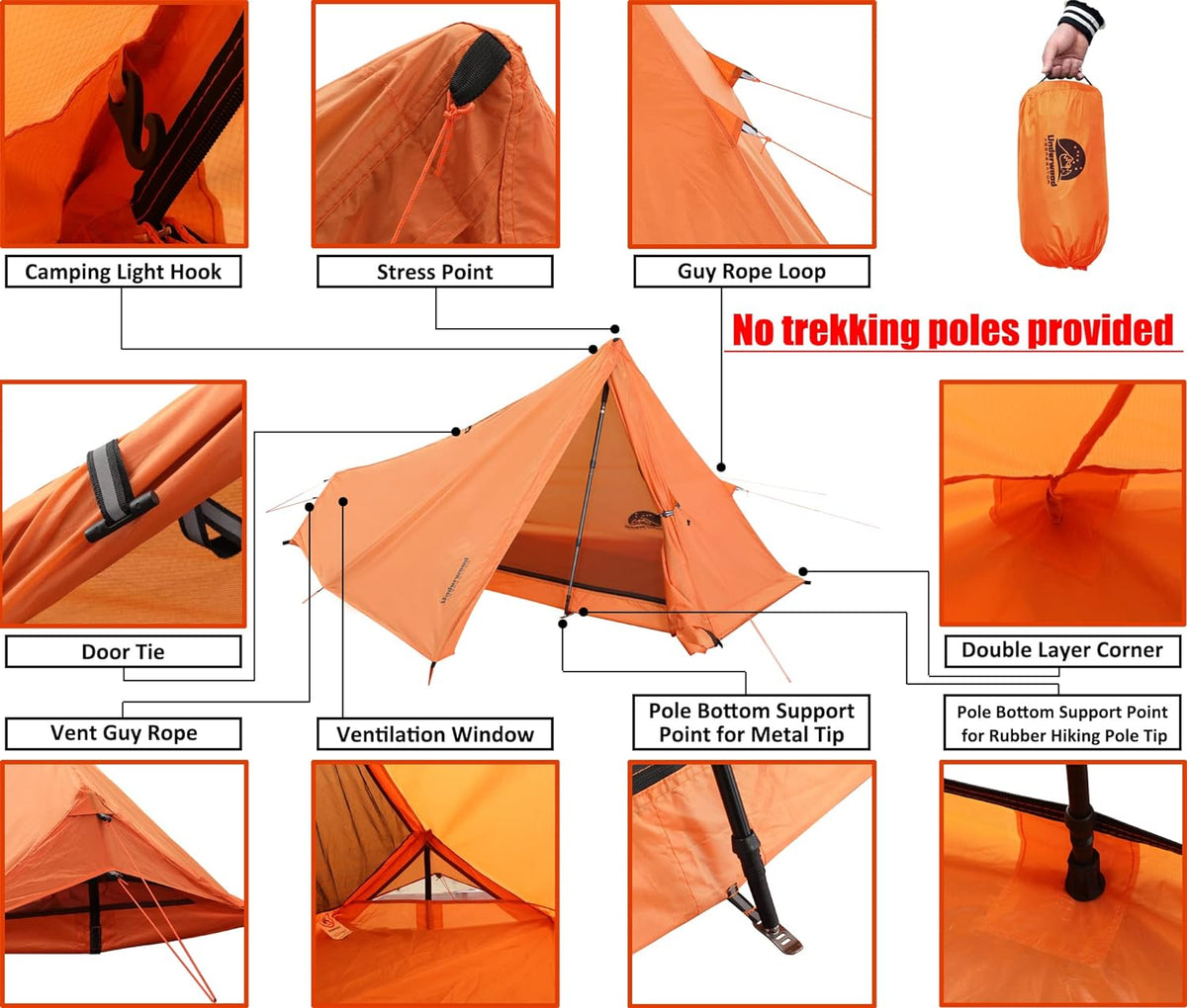 1 Person Trekking Pole Tent, Ultralight Backpacking Hiking Tent (NO Poles)