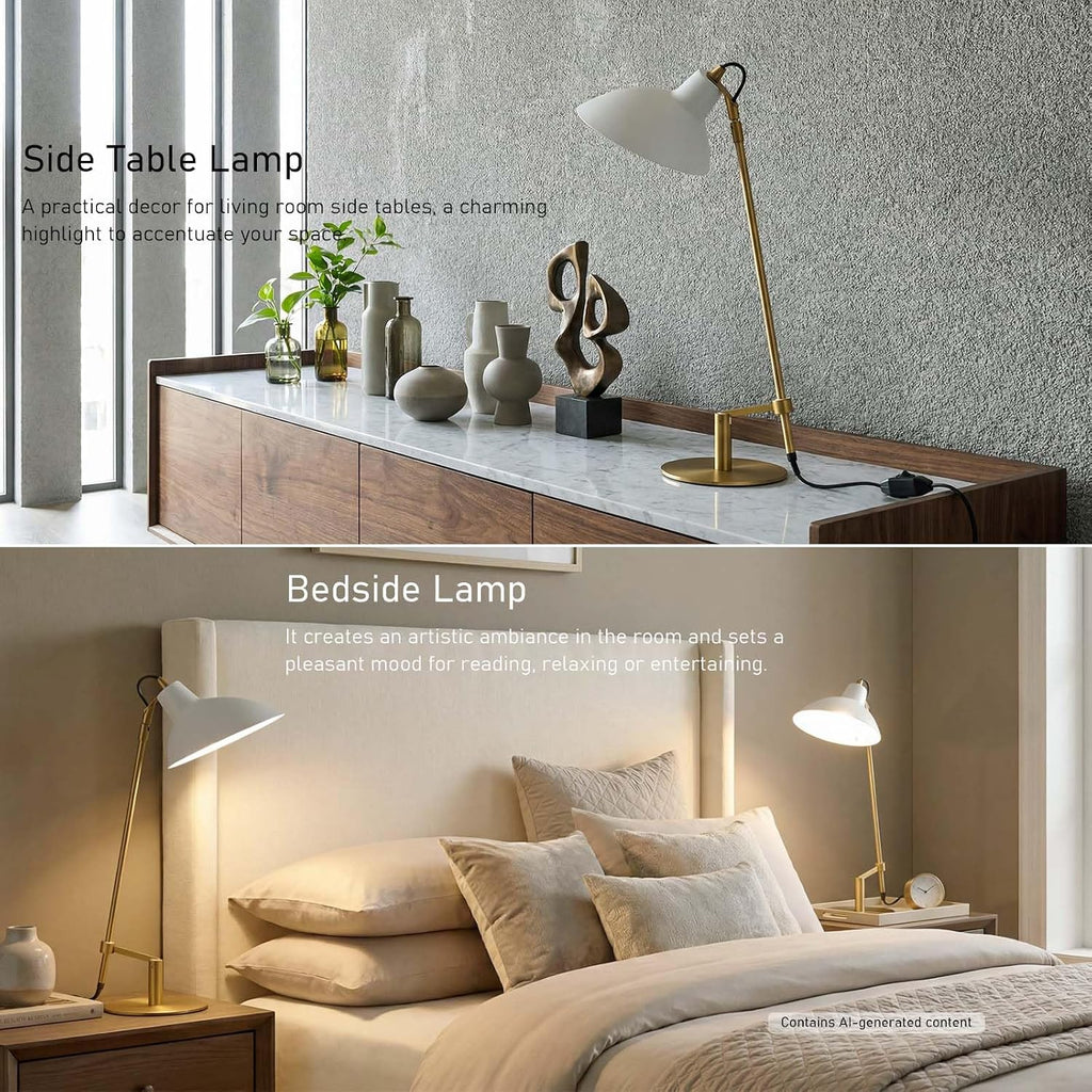 Desk Lamp Modern Industrial 100% Metal Adjustable Table Lamp 24", Natural Light (4000K) with Dimmer, Ideal for Office Bedroom Study Room Living Room Nightstand Bedside Lamps White+Brass