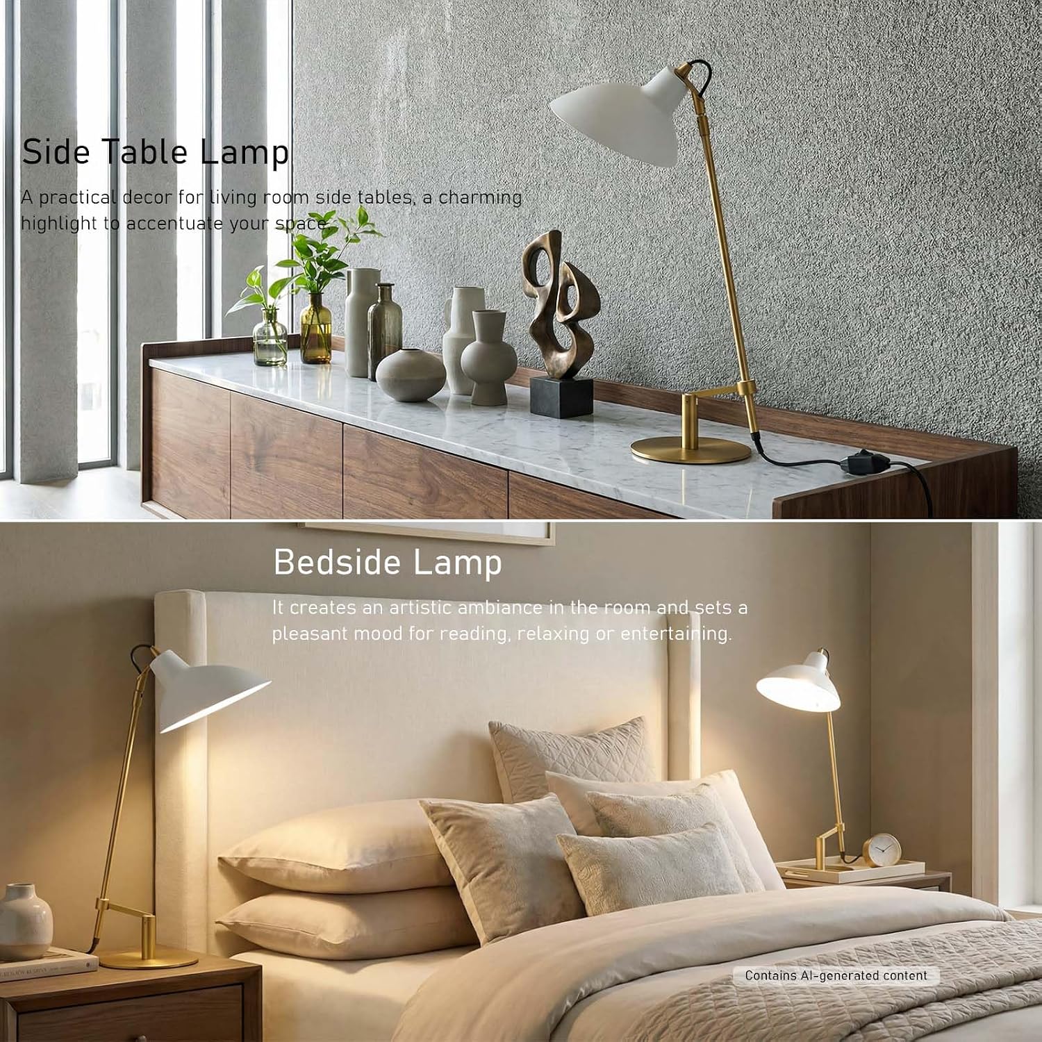 Desk Lamp Modern Industrial 100% Metal Adjustable Table Lamp 24", Natural Light (4000K) with Dimmer, Ideal for Office Bedroom Study Room Living Room Nightstand Bedside Lamps White+Brass