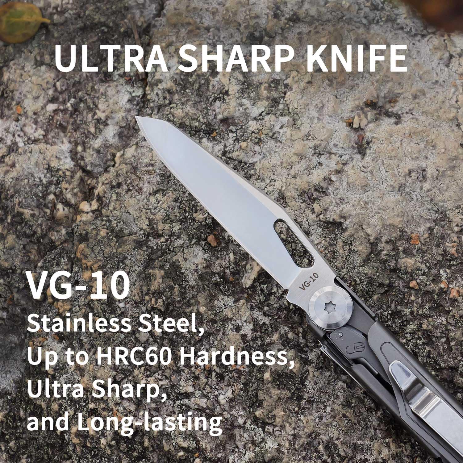 ROCKTOL Pocket Multitool ST02, VG-10 Blade, 12-in-1 Multi tool Knife,Titanium-Plated Handle,Pocket Clip,Large Scissors, Multi-tool for Camping, Hiking, Survival, EDC Gadget for Men