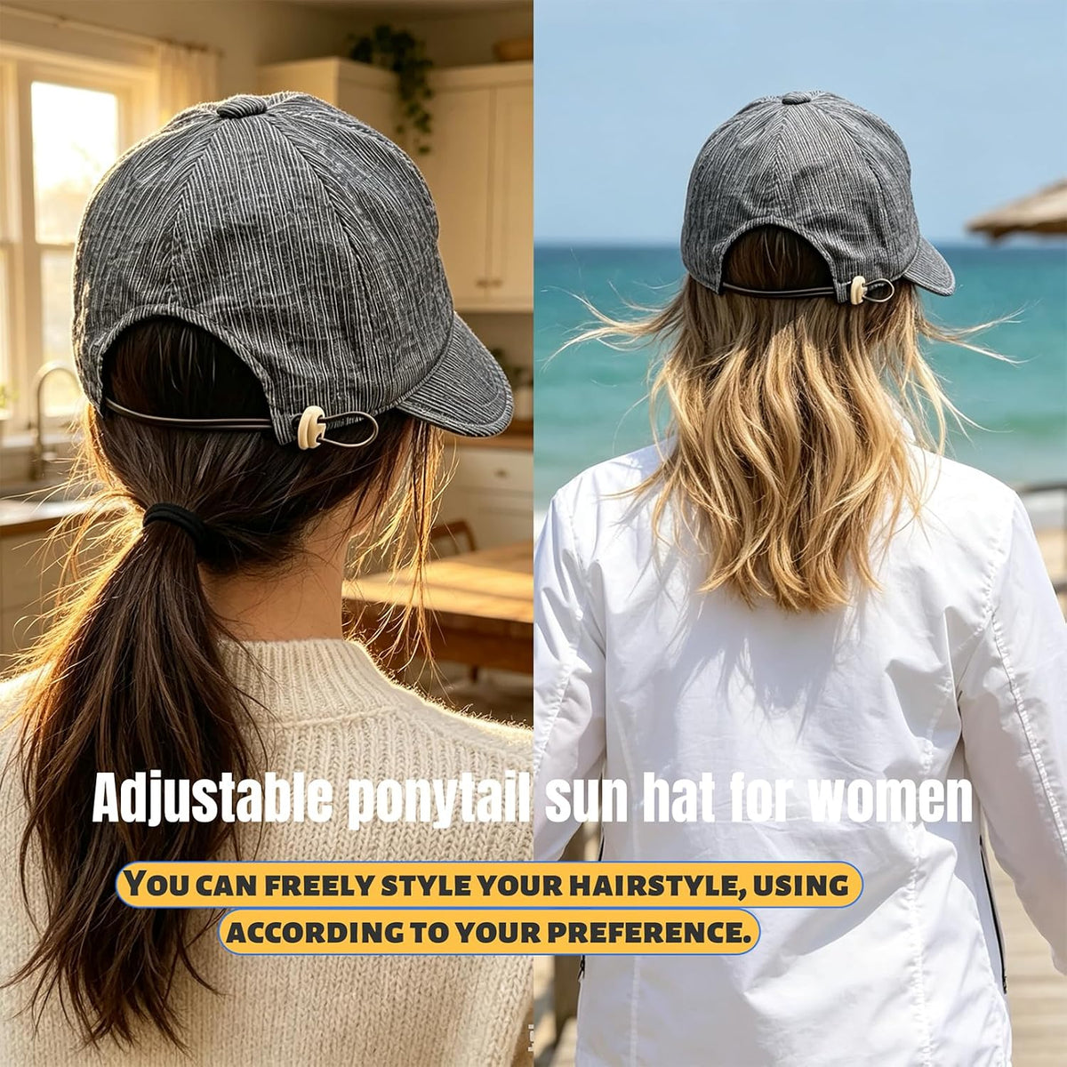 Womens Sun Hat with Ponytail Hole Outdoor UV-Protection-Foldable Beach Caps,Lightweight,Summer Wide Brim Bucket Hat