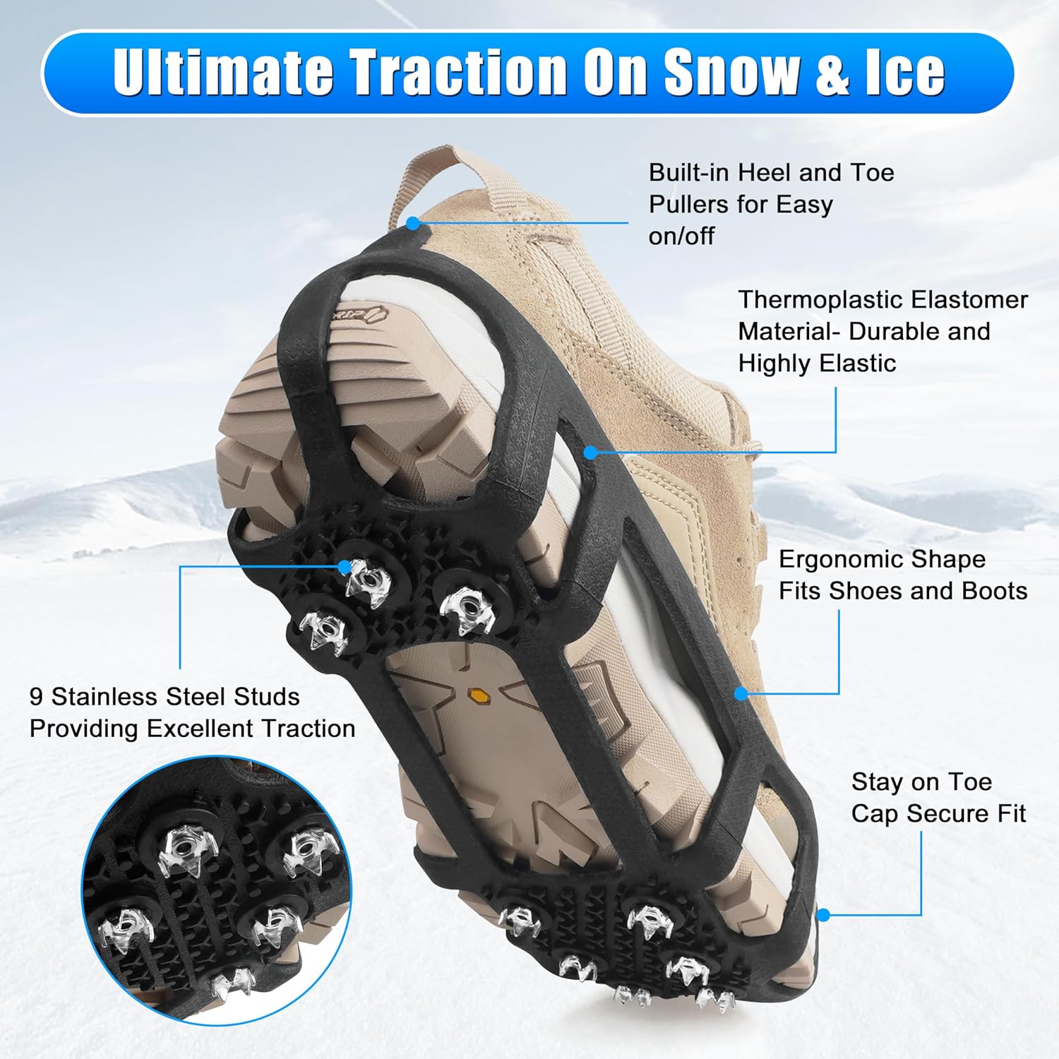 Crampons Ice Cleats for Shoes and Boots Snow Traction Cleats for Walking on Snow and Ice 9 Point Cleats Non-Slip Grippers Overshoe Silicone Stretch Footwear for Winter Hiking Climbing Ice Fishing