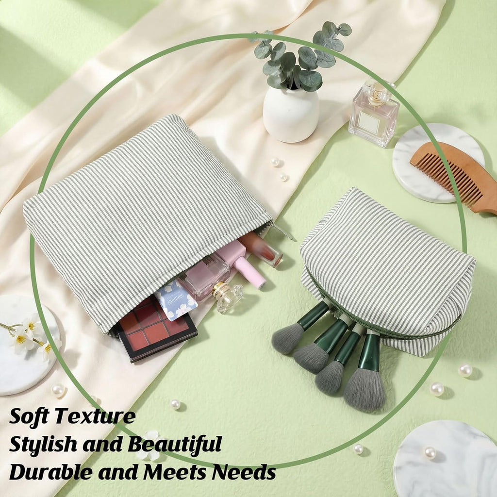 Huhumy 2 Pcs Makeup Bag Set for Women, Bean Green, Thin Stripe