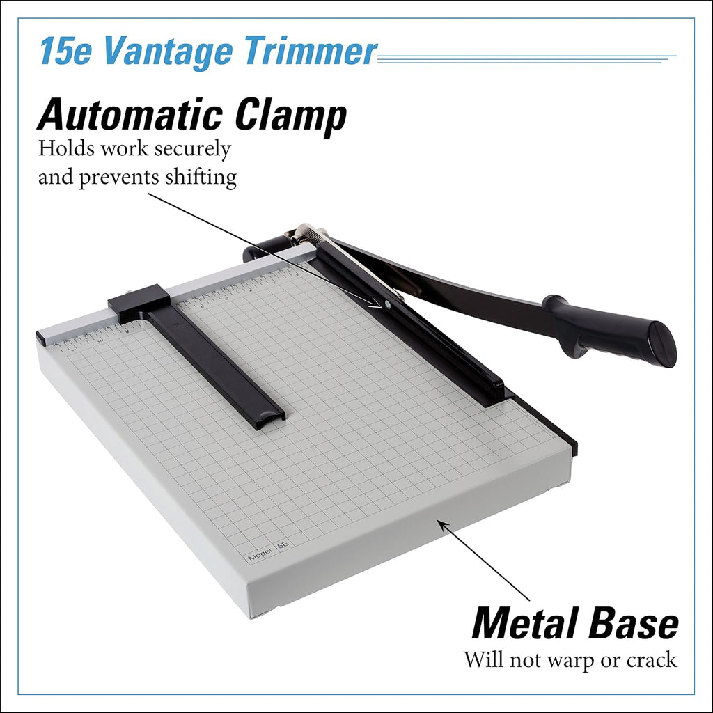 Dahle 15e Vantage Paper Trimmer, 15" Cut Length, 15 Sheet, Automatic Clamp, Adjustable Guide, Metal Base with 1/2" Gridlines, Guillotine Paper Cutter