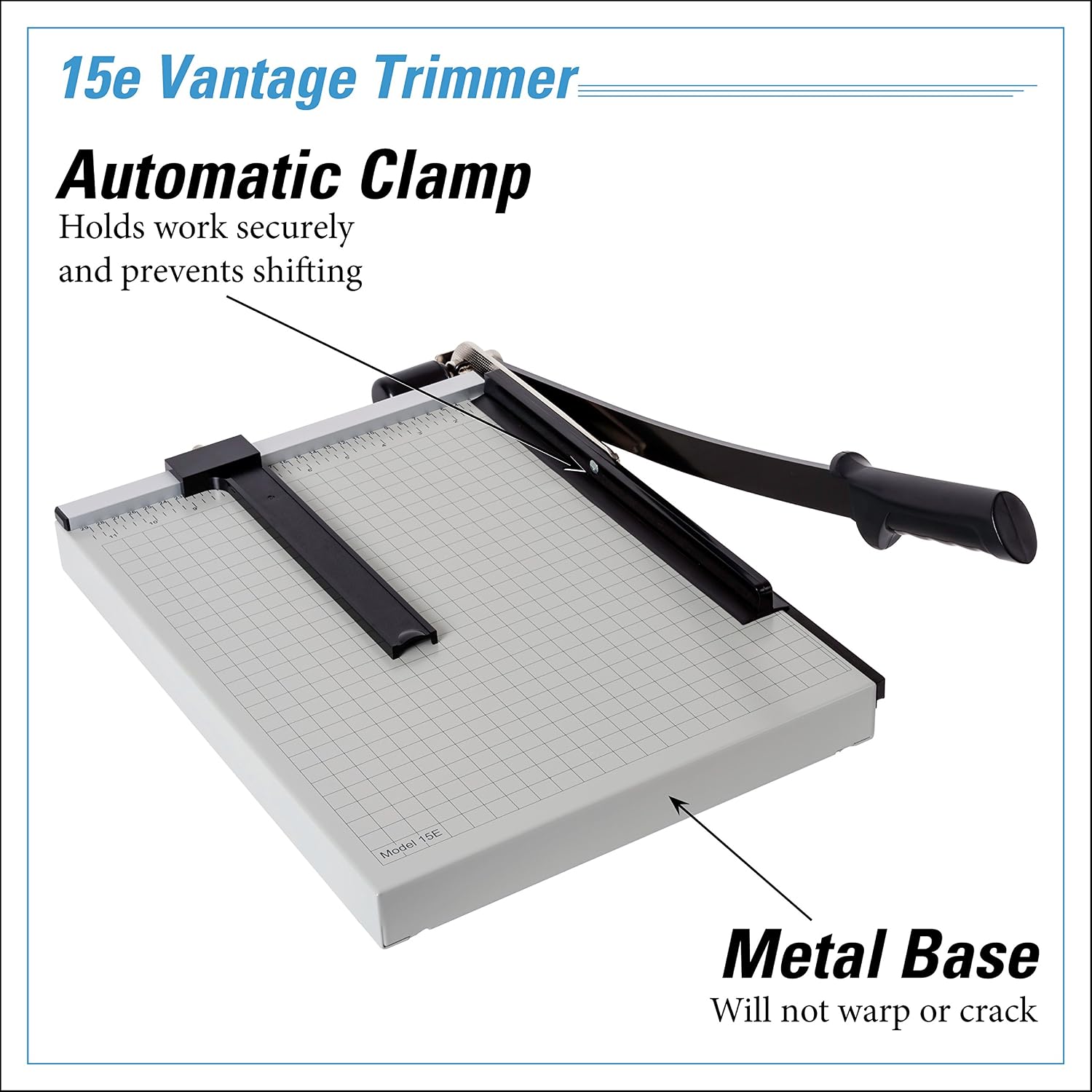 Dahle 15e Vantage Paper Trimmer, 15" Cut Length, 15 Sheet, Automatic Clamp, Adjustable Guide, Metal Base with 1/2" Gridlines, Guillotine Paper Cutter