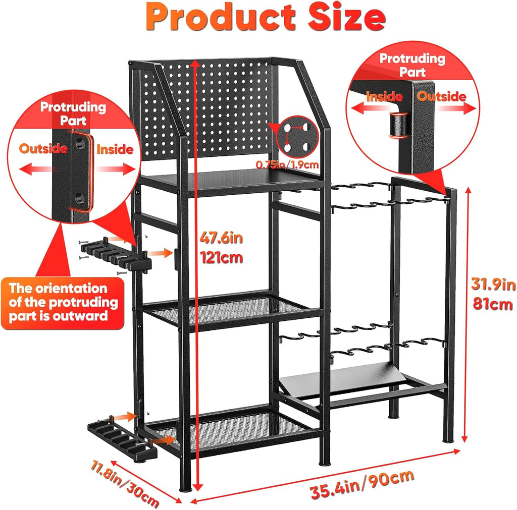 POKIPO Fishing Rod Holders for Garage,Fishing Rod Rack Storage up to 18 Rods,3 Tier Adjust Heavy Duty Metal Fish Pole Stand Organizer with Pegboard for Fishing Gear and Equipment Accessories