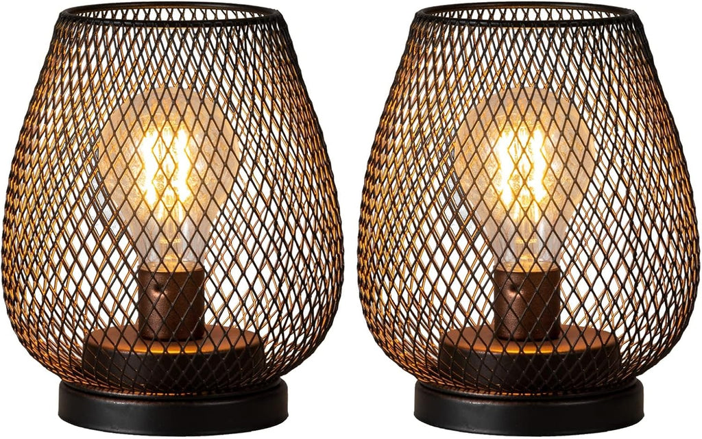 Set of 2 Battery Operated Lamp LED Table Lantern, Brown Metal Cage Cordless Lamps with LED Bulb，Vintage Decorative Outdoor Lantern for Weddings, Parties, Patio, Events for Indoors Shelf Decor