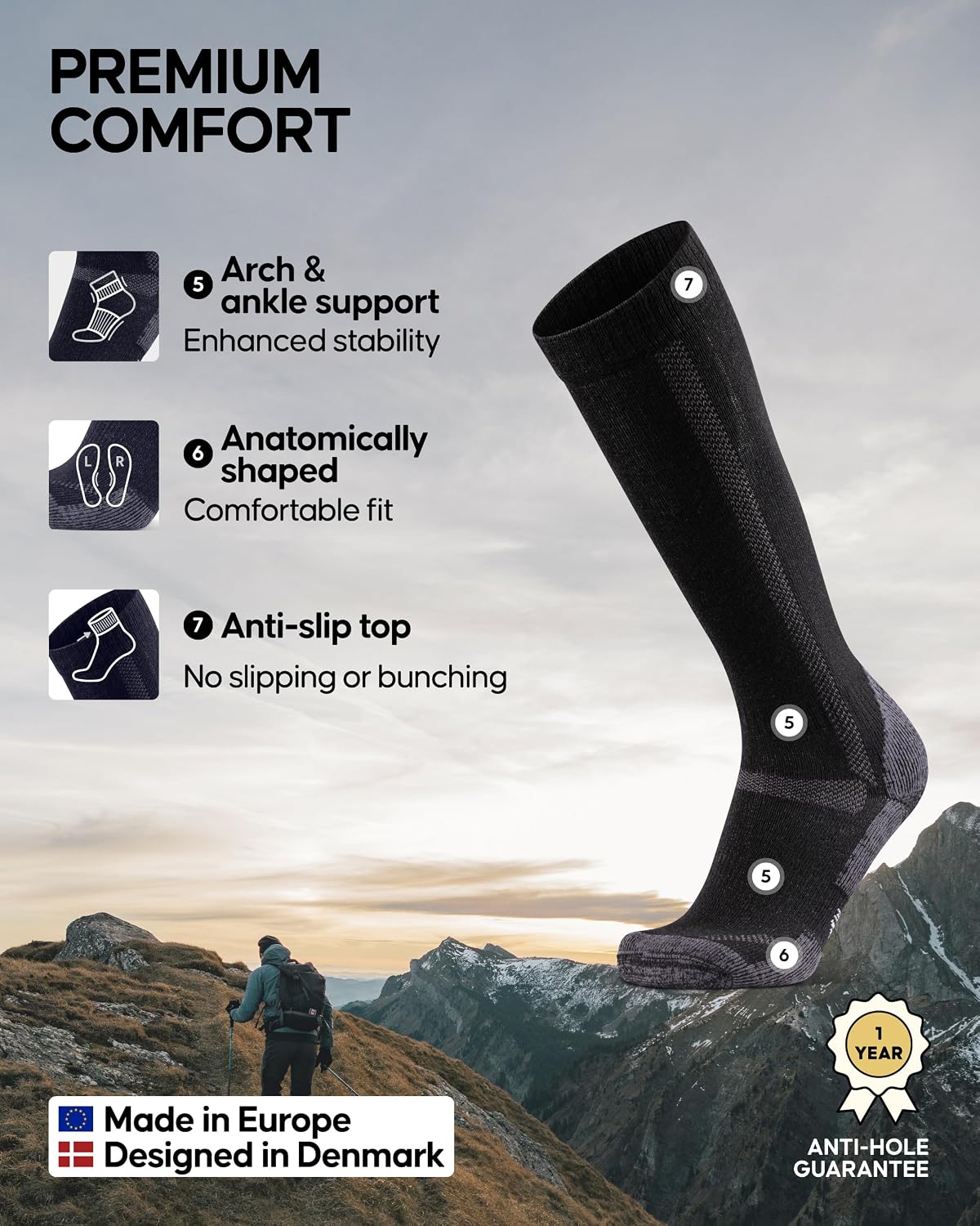 DANISH ENDURANCE Knee High Hiking Socks, Merino Wool, Thermal, 1 & 3-Pack