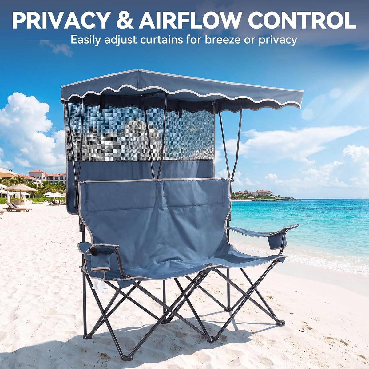 Double Camping Chair with Canopy,2 Person Folding Chair with Canopy, Blue