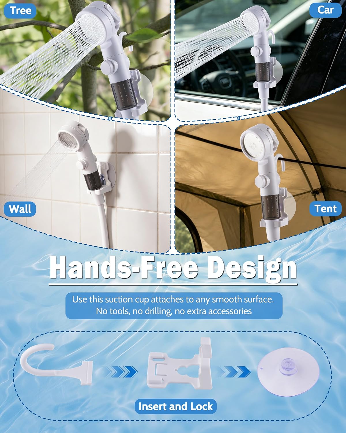 Subtoy Portable Camping Shower Pump, USB-C Rechargeable Shower Head Sprayer with 3 Modes, Pumps Water from Bucket, Shower Pump for Travel, RV, Pet Bath, Beach, and Emergency Use (+ Mesh Bag)