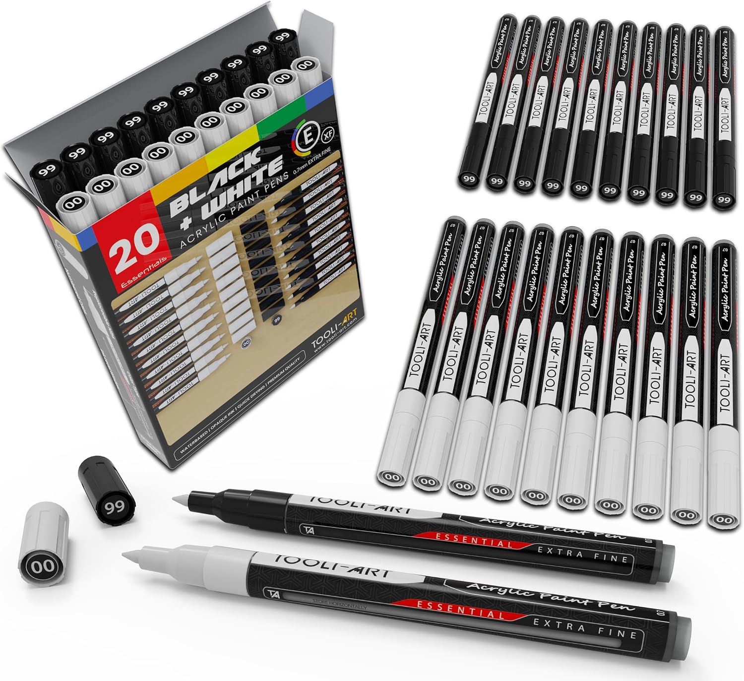 TOOLI-ART Black And White Acrylic Paint Markers Paint Pens Set For Rock Painting, Canvas, Mugs, Metal, Glass Paint, Fabric, Wood, DIY. Non Toxic, Quick Dry,Waterbas (EXTRA FINE)