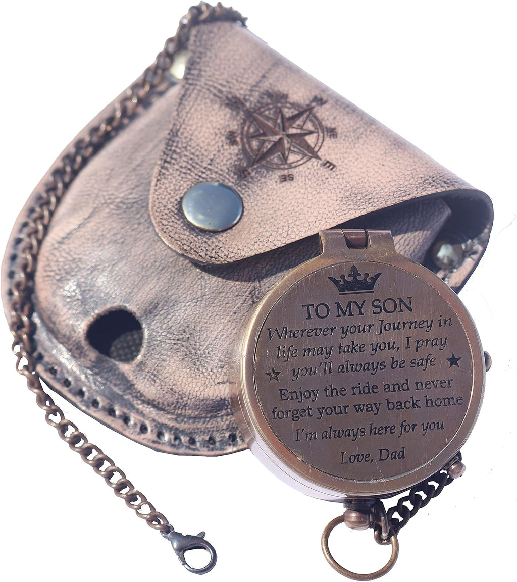 Brass Engrved Compass for Men, Pocket Compass with Leather Case, Antique Handmade Religious Gift Idea for Graduation, Communion, Baptism (to My Son, Love Dad)